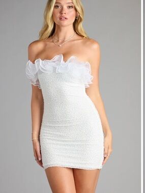 Alissa Ruffled Bead Sequin Mini Dress - White